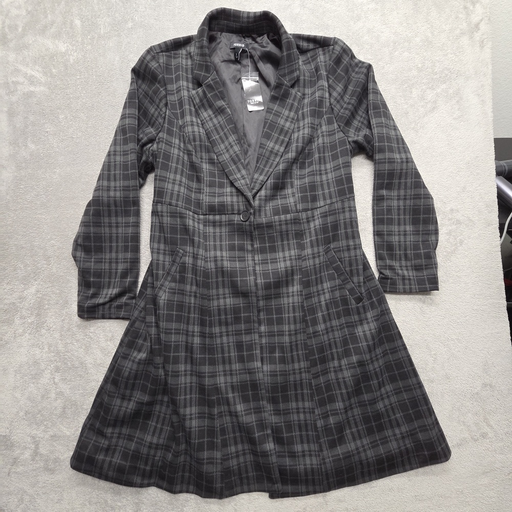 Torrid Coat Womens 2 Gray Plaid Tweed Trench Coat Mid-Length Lined Belted